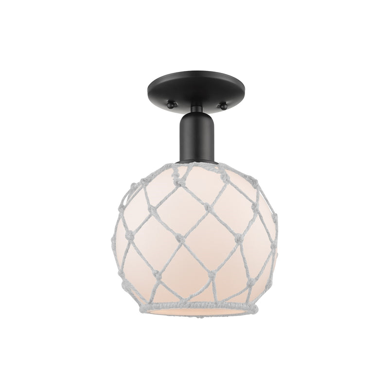 Innovations Farmhouse Rope 8in 1-Light Semi-Flush Mount | Industrial Matte Black Steel and White Frosted Glass with Rope | Model 716-1C-BK-G121-8RW
