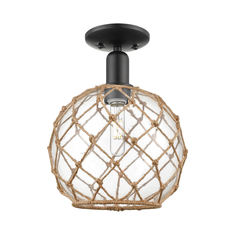 Innovations Farmhouse Rope 10in 1-Light Semi-Flush Mount | Industrial Matte Black Steel and Clear Glass with Brown Rope | Model 716-1C-BK-G122-10RB