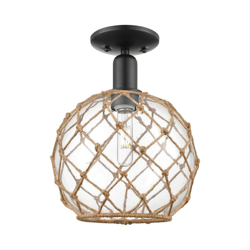 Innovations Farmhouse Rope 10in 1-Light Semi-Flush Mount | Industrial Matte Black Steel and Clear Glass with Brown Rope | Model 716-1C-BK-G122-10RB