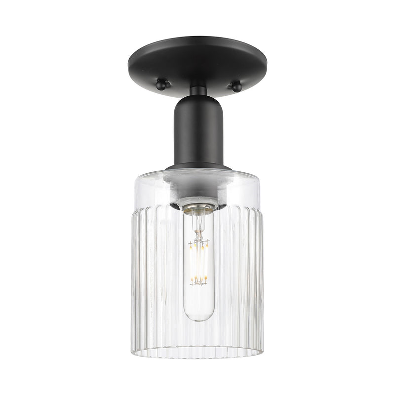 Innovations Hadley 1-Light 4.5in Semi-Flush Mount | Industrial Matte Black Steel and Clear Ribbed Glass | Entryway & Hallway | 4.5 | Model 716-1C-BK-G342
