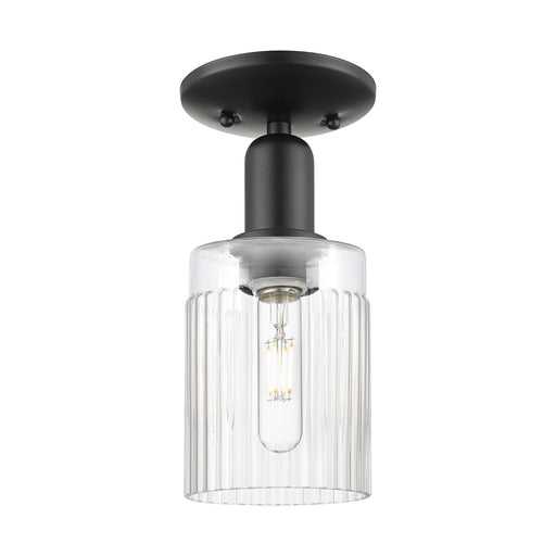 Innovations Hadley 1-Light 4.5in Semi-Flush Mount | Industrial Matte Black Steel and Clear Ribbed Glass | Entryway & Hallway | 4.5 | Model 716-1C-BK-G342