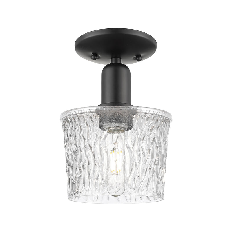 Innovations Niagara 1-Light 6.5in Semi-Flush Mount | Industrial Matte Black Steel and Clear Textured Glass | Damp-Rated Hallway & | Model 716-1C-BK-G402