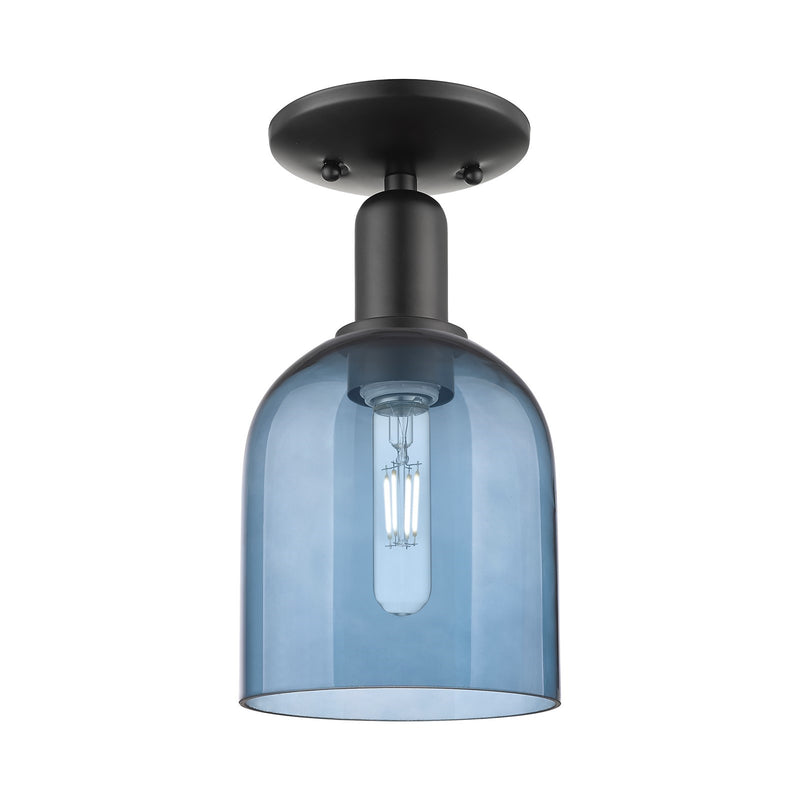 Innovations Bella 6in 1-Light Semi-Flush Mount | Industrial Matte Black Steel and Blue Glass | Entryway & Hallway | 5.5 x 11 in | Model 716-1C-BK-G558-6BL