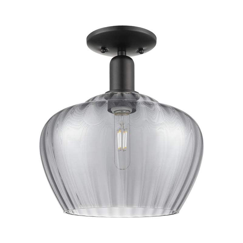 Innovations Fenton 11in 1-Light Semi-Flush Mount | Industrial Matte Black Steel and Light Smoke Ribbed Glass | Entryway & Hallway | Model 716-1C-BK-G93-L