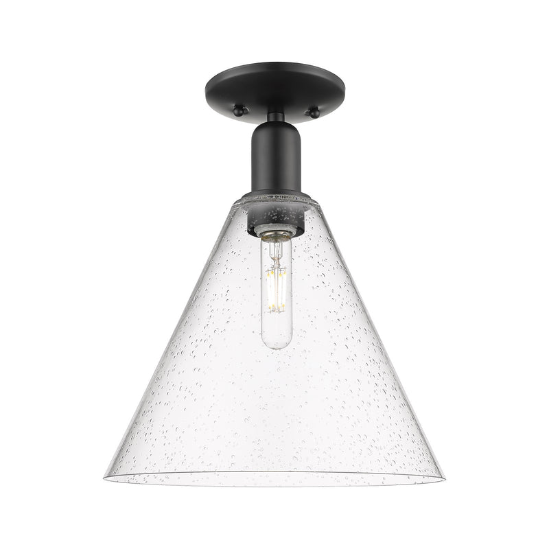 Innovations Berkshire Glass 12in 1-Light Semi-Flush Mount | Industrial Matte Black Steel and Seedy Cone Glass | Entryway & | Model 716-1C-BK-GBC-124