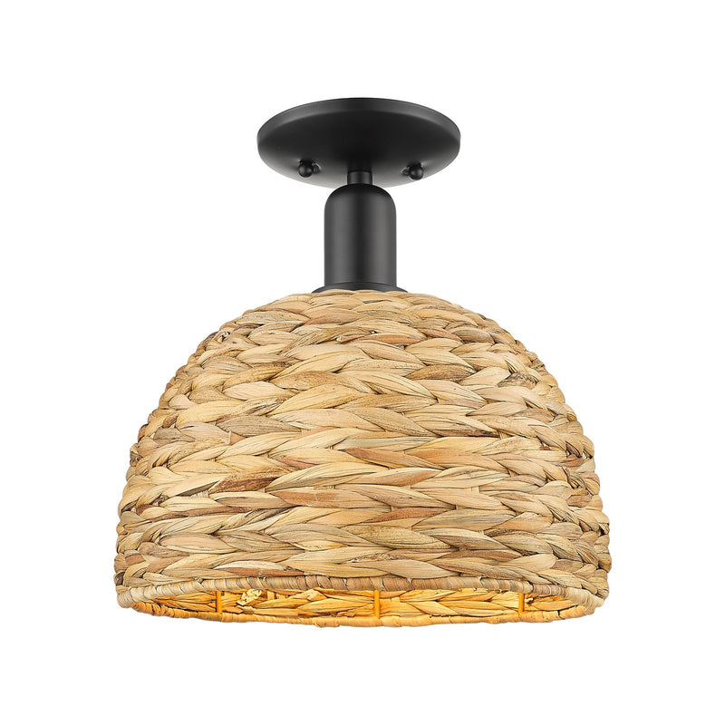 Innovations Woven Rattan 12in 1-Light Semi-Flush Mount | Industrial Matte Black Steel and Natural Rattan Dome Shade | Model 716-1C-BK-RBD-12-NAT