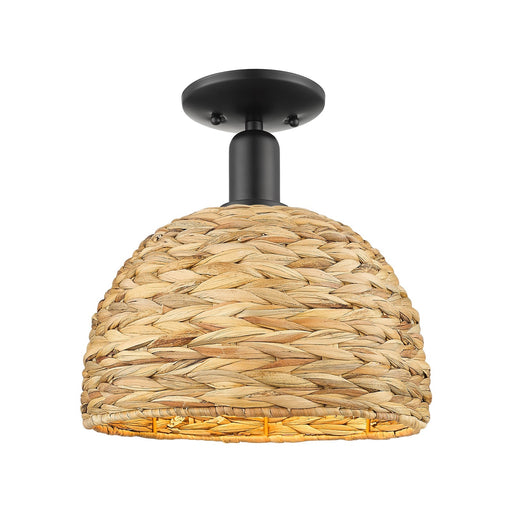 Innovations Woven Rattan 12in 1-Light Semi-Flush Mount | Industrial Matte Black Steel and Natural Rattan Dome Shade | Model 716-1C-BK-RBD-12-NAT