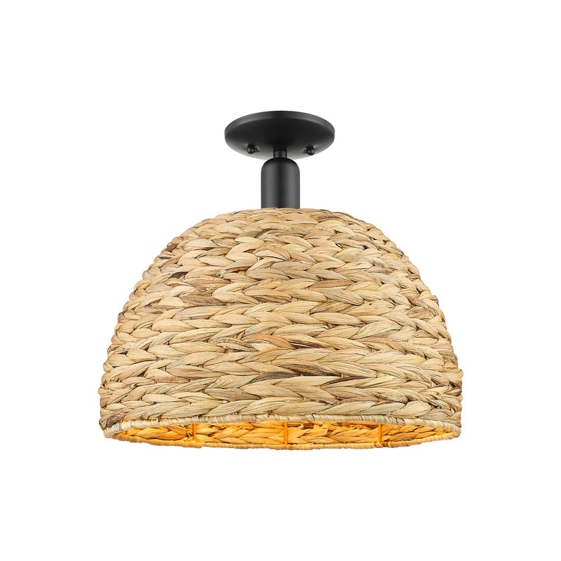 Innovations Woven Rattan 16in 1-Light Semi-Flush Mount | Industrial Matte Black Steel and Natural Fiber Shade | Entryway & | Model 716-1C-BK-RBD-16-NAT