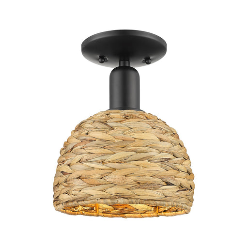 Innovations Woven Rattan 8in 1-Light Semi-Flush Mount | Rustic Farmhouse Matte Black Steel and Natural Woven Rattan | Entryway | Model 716-1C-BK-RBD-8-NAT