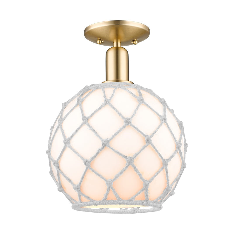 Innovations Farmhouse Rope 10in 1-Light Semi-Flush | Industrial Champagne Bronze Steel and White Glass with Rope Shade | Model 716-1C-CB-G121-10RW