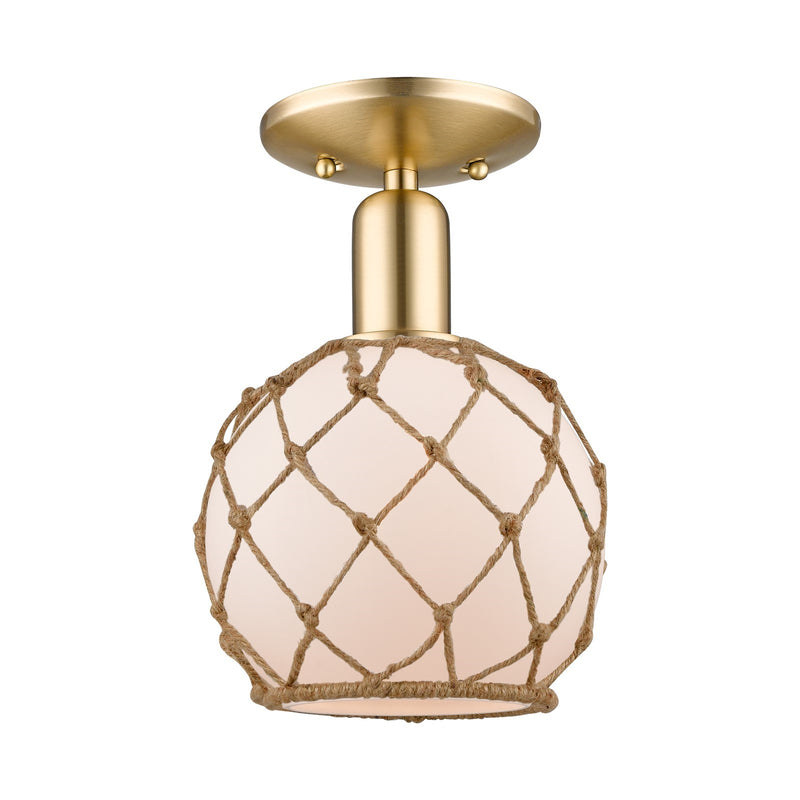 Innovations Farmhouse Rope 8in 1-Light Semi-Flush Mount | Industrial Champagne Bronze Steel and White Frosted Glass with Rope | Model 716-1C-CB-G121-8RW