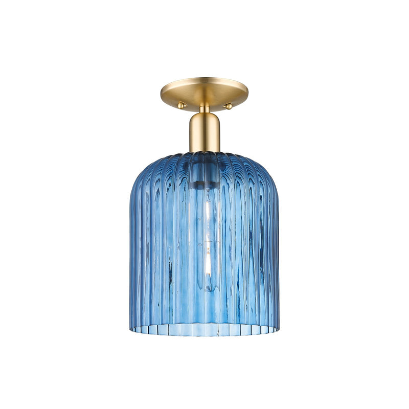 Innovations Bridal Veil 8in 1-Light Semi-Flush Mount | Industrial Champagne Bronze Steel and Princess Blue Ribbed Glass | Model 716-1C-CB-G559-8BL