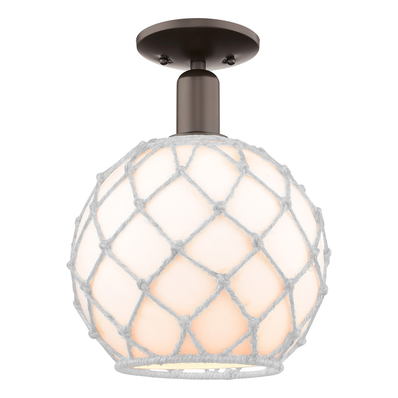 Innovations Farmhouse Rope 10in 1-Light Semi-Flush Mount | Industrial Oil Rubbed Bronze Steel and White Glass with Rope Shade | Model 716-1C-OB-G121-10RW