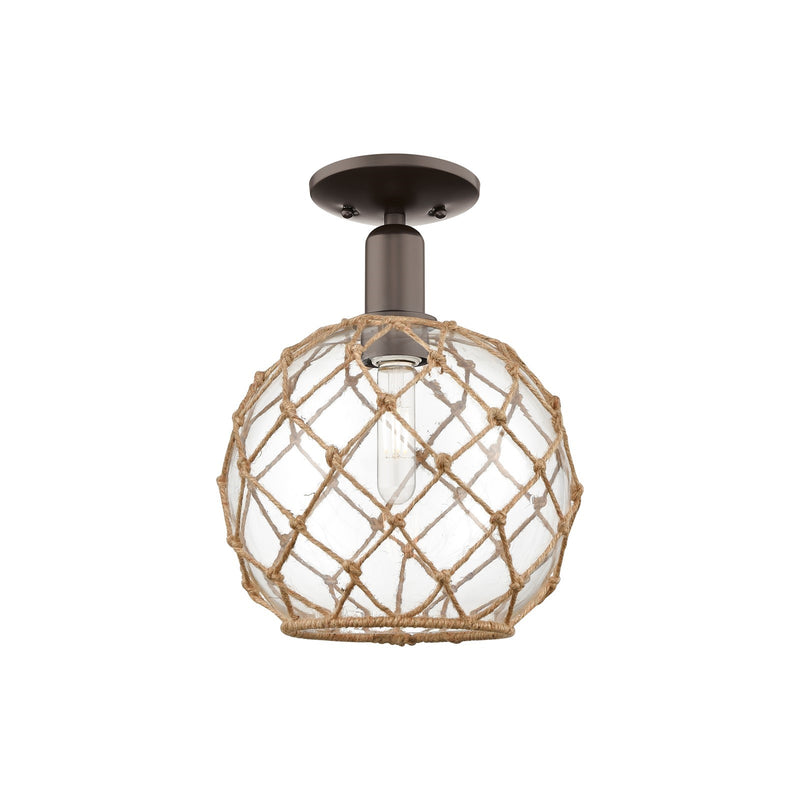 Innovations Farmhouse Rope 10in 1-Light Semi-Flush Mount | Industrial Oil Rubbed Bronze Steel and Clear Glass with Brown Rope | Model 716-1C-OB-G122-10RB