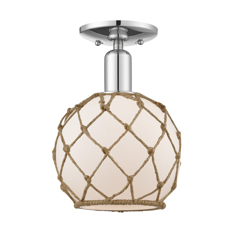 Innovations Farmhouse Rope 8in 1-Light Semi-Flush Mount | Industrial Polished Chrome and White Glass with Brown Rope | Entryway | Model 716-1C-PC-G121-8RB