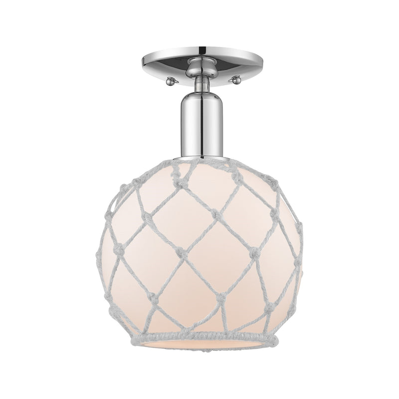 Innovations Farmhouse Rope 8in 1-Light Semi-Flush Mount | Industrial Polished Chrome Steel and White Frosted Glass with Rope | Model 716-1C-PC-G121-8RW