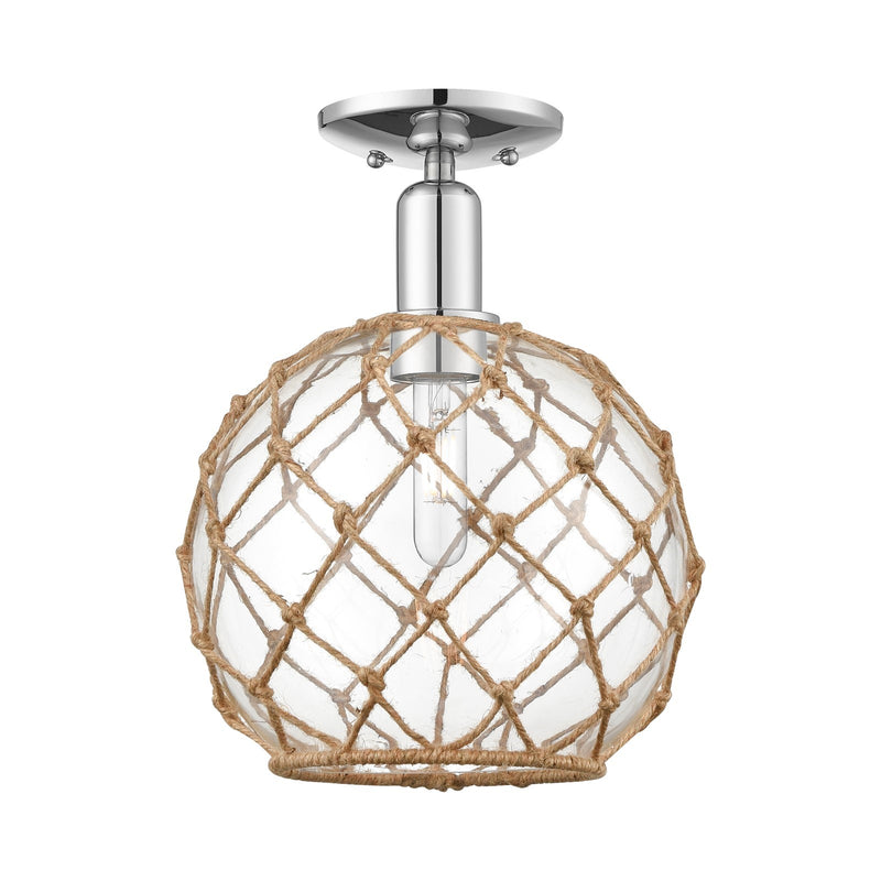 Innovations Farmhouse Rope 10in 1-Light Semi-Flush Mount | Industrial Polished Chrome Steel and Clear Glass with Brown Rope | Model 716-1C-PC-G122-10RB