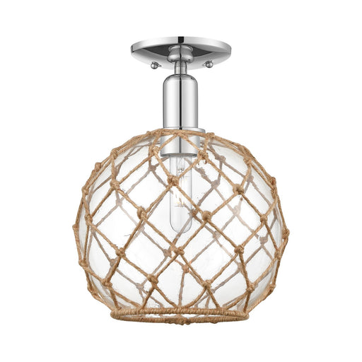 Innovations Farmhouse Rope 10in 1-Light Semi-Flush Mount | Industrial Polished Chrome Steel and Clear Glass with Brown Rope | Model 716-1C-PC-G122-10RB
