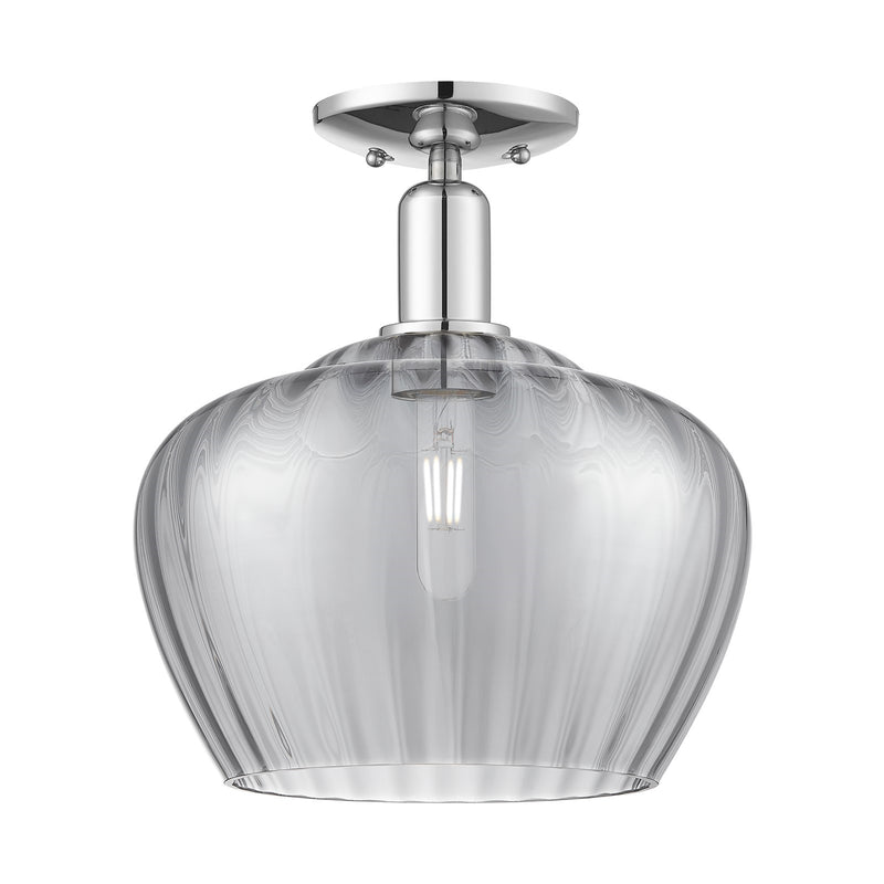 Innovations Fenton 11in 1-Light Semi-Flush Mount | Industrial Polished Chrome and Light Smoke Ribbed Glass | Kitchen & Hallway | Model 716-1C-PC-G93-L