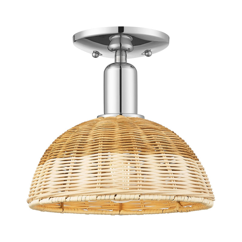 Innovations Natural Ballston Dome 9in 1-Light Semi-Flush Mount | Farmhouse Polished Chrome and Natural Fiber Basketweave | Model 716-1C-PC-NBD2-9-NAT