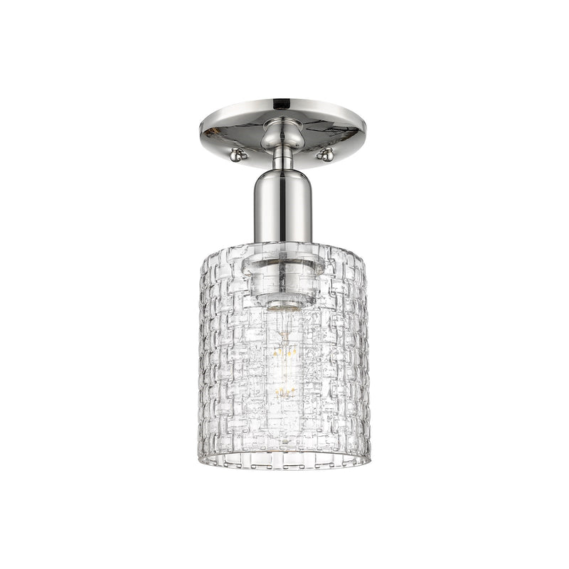 Innovations Cobbleskill 5in 1-Light Semi-Flush Mount | Industrial Polished Nickel Steel and Clear Basket Weave Glass | Model 716-1C-PN-G112C-5CL
