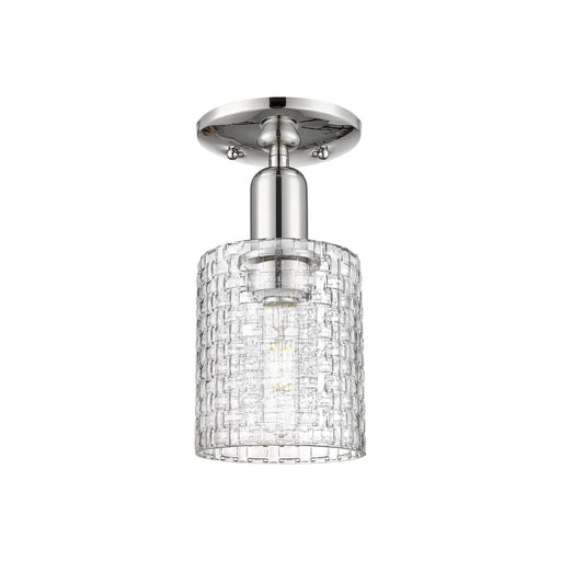 Innovations Cobbleskill 5in 1-Light Semi-Flush Mount | Industrial Polished Nickel Steel and Clear Basket Weave Glass | Model 716-1C-PN-G112C-5CL