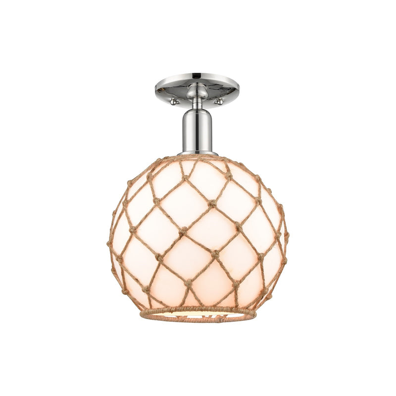 Innovations Farmhouse Rope 10in 1-Light Semi-Flush Mount | Industrial Polished Nickel and Matte White Glass with Rope | Model 716-1C-PN-G121-10RB