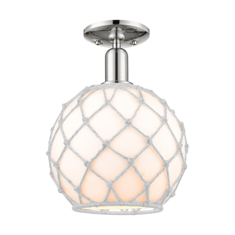 Innovations Farmhouse Rope 10in 1-Light Semi-Flush Mount | Industrial Polished Nickel and White Glass with White Rope | Model 716-1C-PN-G121-10RW