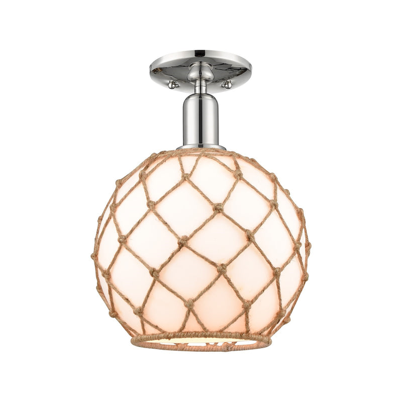 Innovations Farmhouse Rope 8in 1-Light Semi-Flush Mount | Industrial Polished Nickel Steel and White Glass with Brown Rope | Model 716-1C-PN-G121-8RB