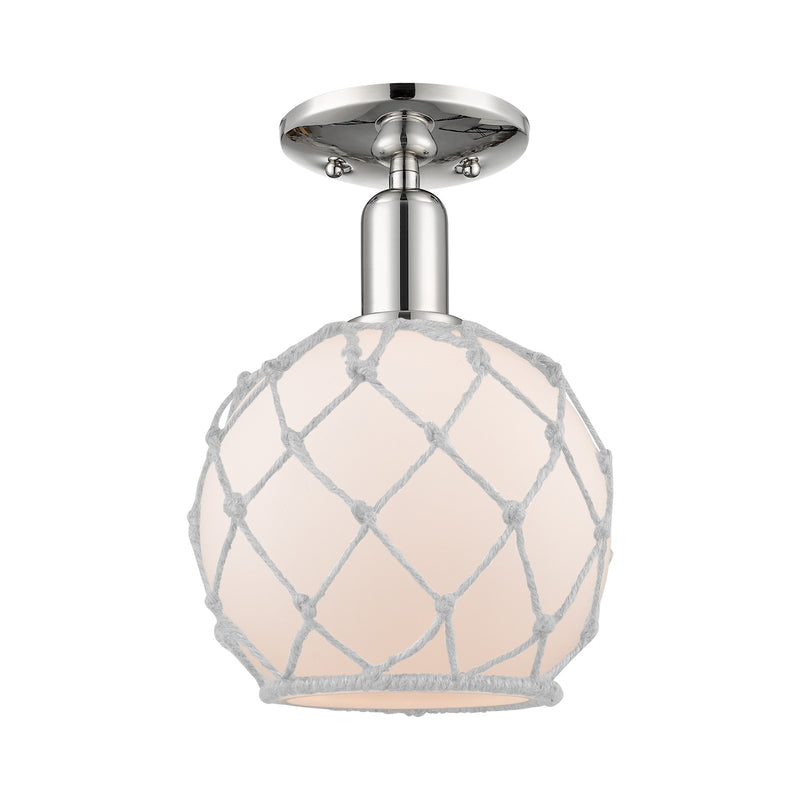 Innovations Farmhouse Rope 8in 1-Light Semi-Flush Mount | Industrial Polished Nickel and White Glass with Rope | Kitchen & | Model 716-1C-PN-G121-8RW