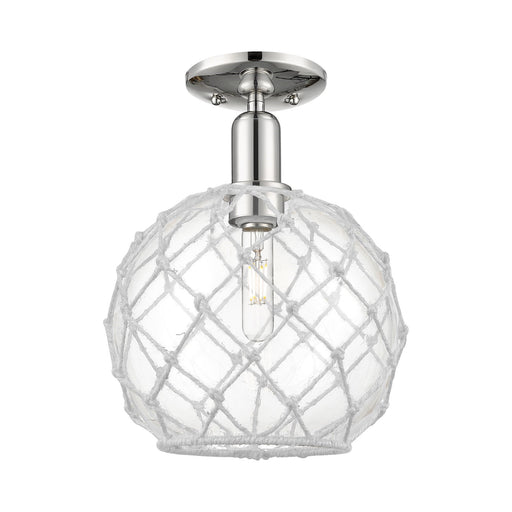 Innovations Farmhouse Rope 10in 1-Light Semi-Flush Mount | Industrial Polished Nickel Steel and Clear Glass with White Rope | Model 716-1C-PN-G122-10RW