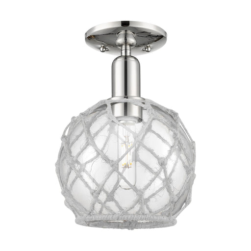 Innovations Farmhouse Rope 8in 1-Light Semi-Flush Mount | Industrial Polished Nickel Steel and Clear Glass with White Rope | Model 716-1C-PN-G122-8RW