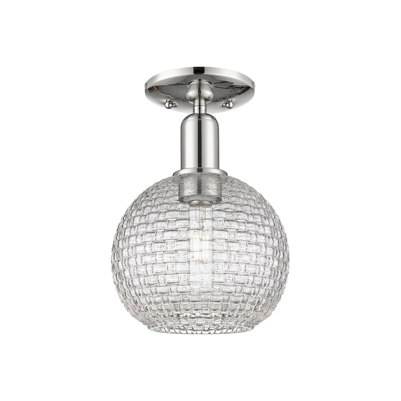Innovations Athens 8in 1-Light Semi-Flush Mount | Industrial Polished Nickel Steel and Clear Basket Weave Glass | Damp-Rated | Model 716-1C-PN-G122C-8CL