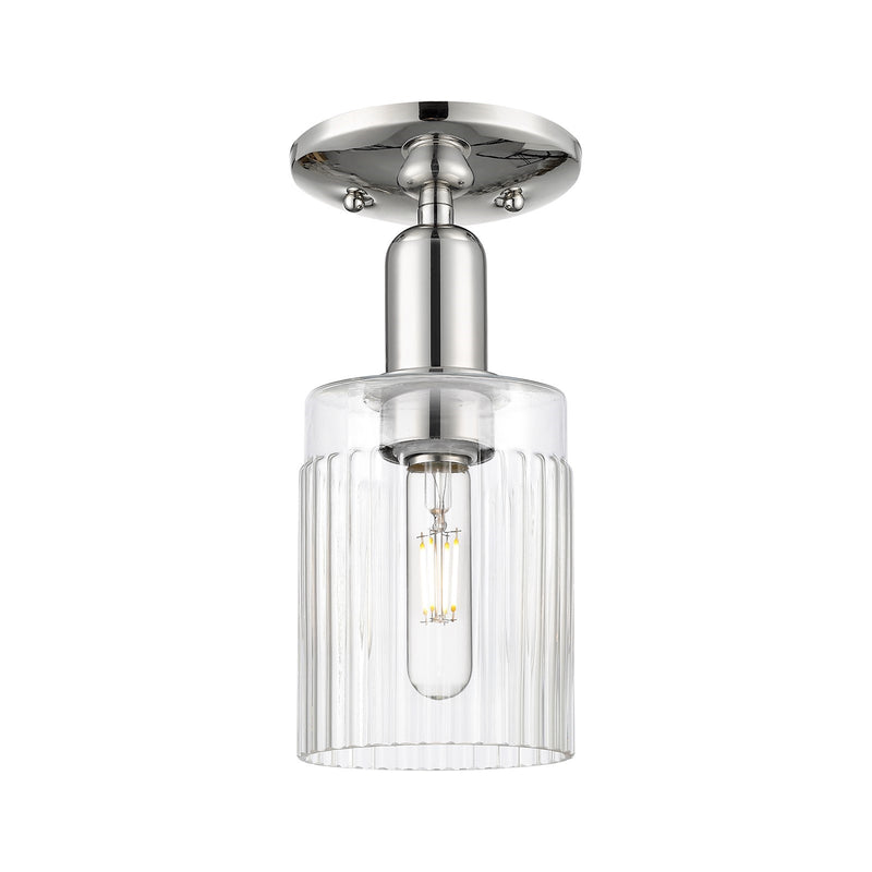 Innovations Hadley 1-Light 4.5in Semi-Flush Mount | Industrial Polished Nickel Steel and Clear Ribbed Glass | Entryway & Hallway | Model 716-1C-PN-G342
