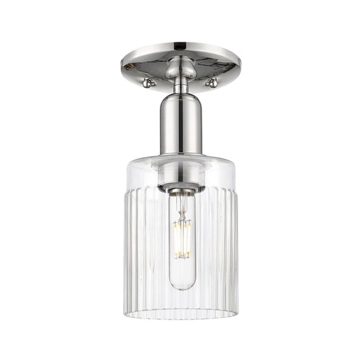 Innovations Hadley 1-Light 4.5in Semi-Flush Mount | Industrial Polished Nickel Steel and Clear Ribbed Glass | Entryway & Hallway | Model 716-1C-PN-G342