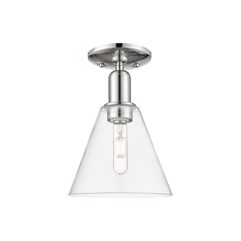 Innovations Berkshire Glass 8in 1-Light Semi-Flush Mount | Industrial Polished Nickel Steel and Clear Cone Glass | Damp Location | Model 716-1C-PN-GBC-82
