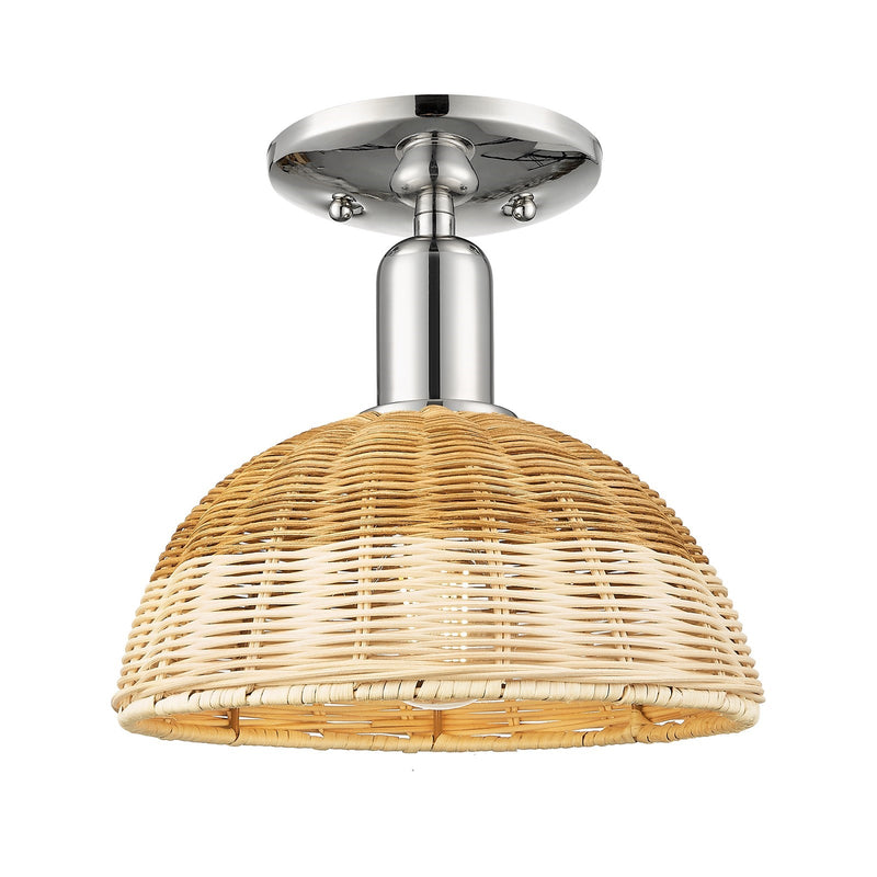 Innovations Natural Ballston Dome 9in 1-Light Semi-Flush Mount | Farmhouse Polished Nickel and Natural Fiber Basketweave | Model 716-1C-PN-NBD2-9-NAT
