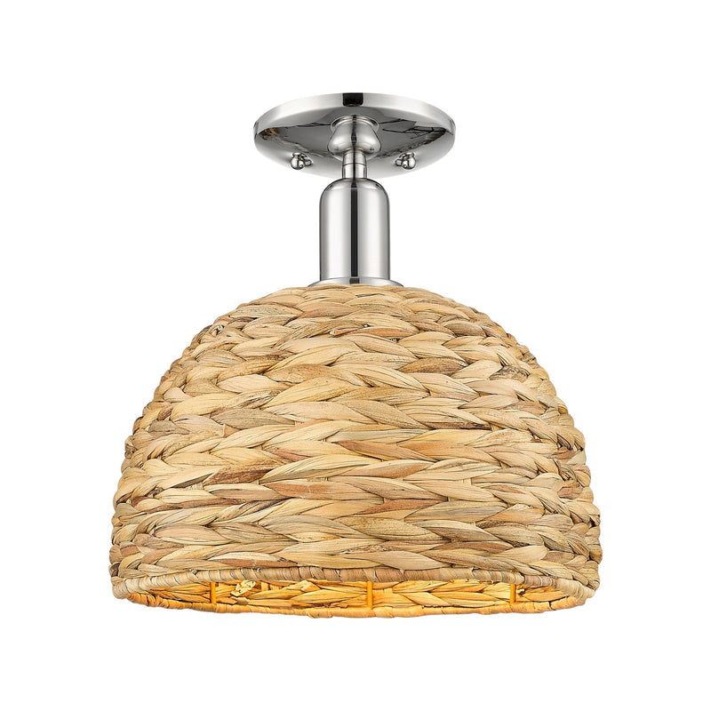 Innovations Woven Rattan 12in 1-Light Semi-Flush Mount | Industrial Polished Nickel Steel and Natural Fiber Dome Shade | Model 716-1C-PN-RBD-12-NAT