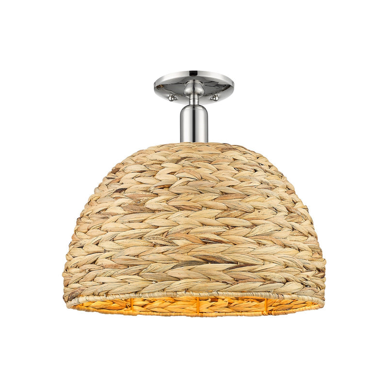 Innovations Arcadia 16in 1-Light Semi-Flush Mount | Industrial Polished Nickel and Natural Rattan Dome Shade | Entryway & | Model 716-1C-PN-RBD-16-NAT