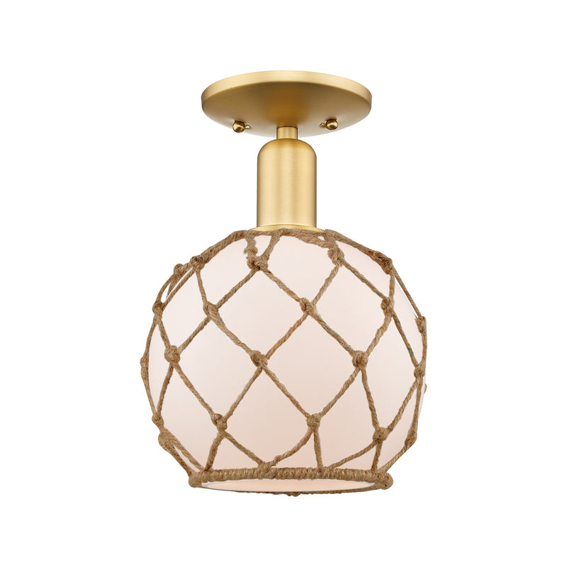 Innovations Farmhouse Rope 8in 1-Light Semi-Flush | Industrial Satin Gold Steel and White Frosted Glass with Brown Rope | Model 716-1C-SG-G121-8RB
