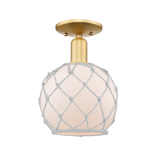 Innovations Farmhouse Rope 8in 1-Light Semi-Flush | Industrial Satin Gold Steel and White Frosted Glass with Rope | Damp-Rated | Model 716-1C-SG-G121-8RW