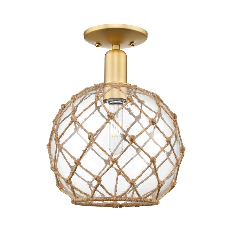 Innovations Farmhouse Rope 10in 1-Light Semi-Flush | Industrial Satin Gold Steel and Clear Glass with Brown Rope | Kitchen & | Model 716-1C-SG-G122-10RB