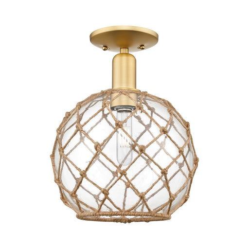 Innovations Farmhouse Rope 10in 1-Light Semi-Flush | Industrial Satin Gold Steel and Clear Glass with Brown Rope | Kitchen & | Model 716-1C-SG-G122-10RB