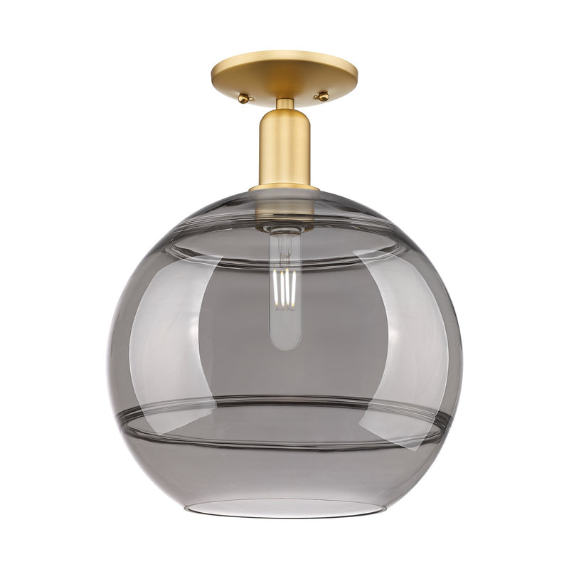 Innovations Rochester 12in 1-Light Semi-Flush Mount | Industrial Satin Gold Steel and Cast Brass with Light Smoke Glass | Damp | Model 716-1C-SG-G556-12SM