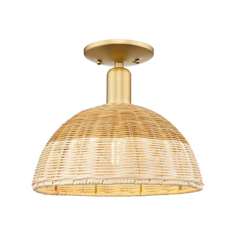 Innovations Natural Ballston Dome 12in 1-Light Semi-Flush Mount | Farmhouse Satin Gold Steel and Natural Fiber Shade | Model 716-1C-SG-NBD2-12-NAT