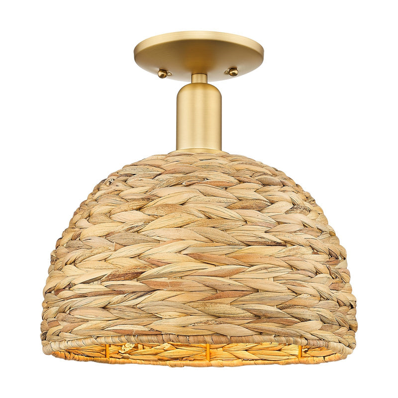 Innovations Woven Rattan 12in 1-Light Semi-Flush | Industrial Satin Gold Steel and Natural Fiber Dome Shade | Kitchen & | Model 716-1C-SG-RBD-12-NAT