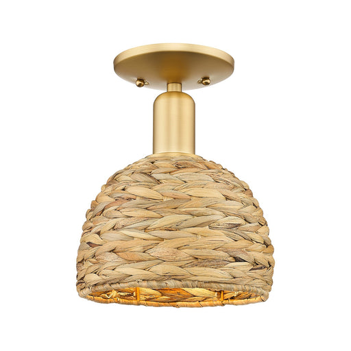 Innovations Woven Rattan 8in 1-Light Semi-Flush Mount | Rustic Farmhouse Satin Gold Steel and Natural Woven Rattan | Entryway | Model 716-1C-SG-RBD-8-NAT