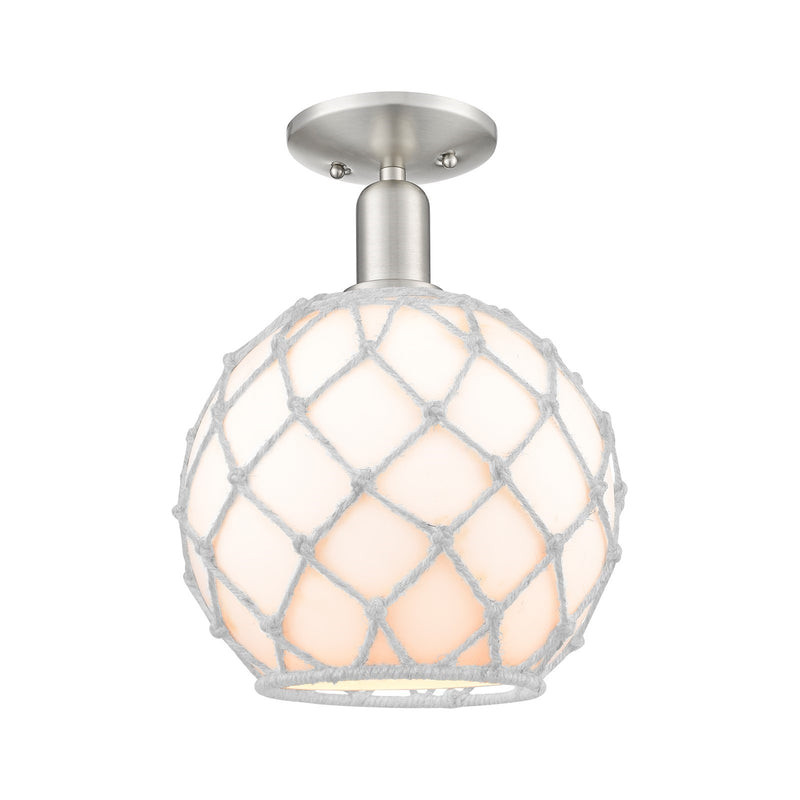 Innovations Farmhouse Rope 10in 1-Light Semi-Flush Mount | Industrial Brushed Satin Nickel and White Glass with Rope Shade | Model 716-1C-SN-G121-10RW