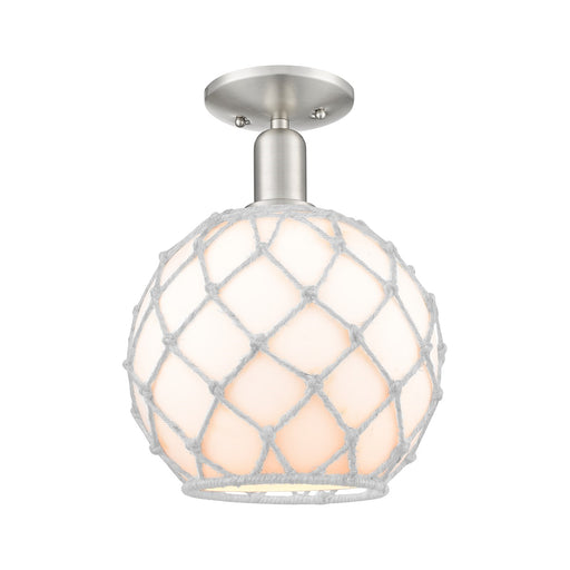 Innovations Farmhouse Rope 10in 1-Light Semi-Flush Mount | Industrial Brushed Satin Nickel and White Glass with Rope Shade | Model 716-1C-SN-G121-10RW