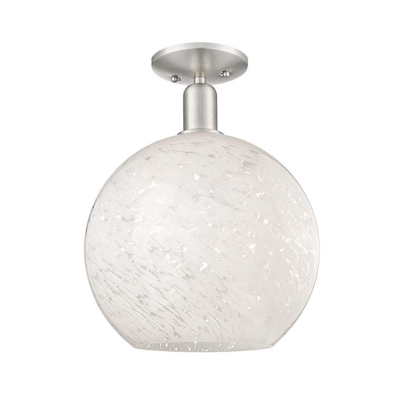 Innovations White Mouchette 12in 1-Light Semi-Flush Mount | Industrial Brushed Satin Nickel and White Mouchette Glass | Model 716-1C-SN-G1216-12WM
